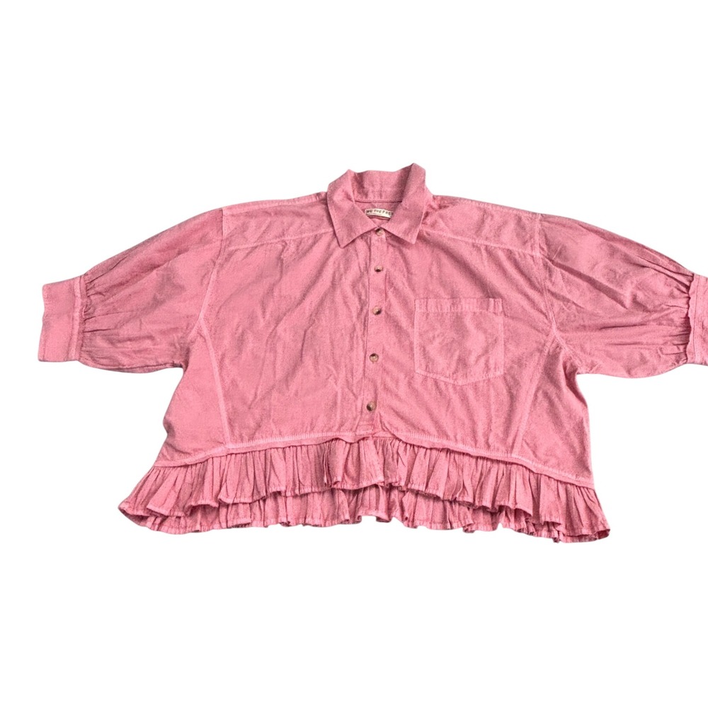 We The Free Free People Pink Ruffle Peplum Button Down Shirt Oversized Large